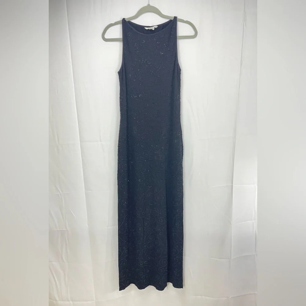 ALEXIA ADMOR Black Stretch Knit HIGH NECK Sleeveless BEADED Maxi Bodycon Dress M